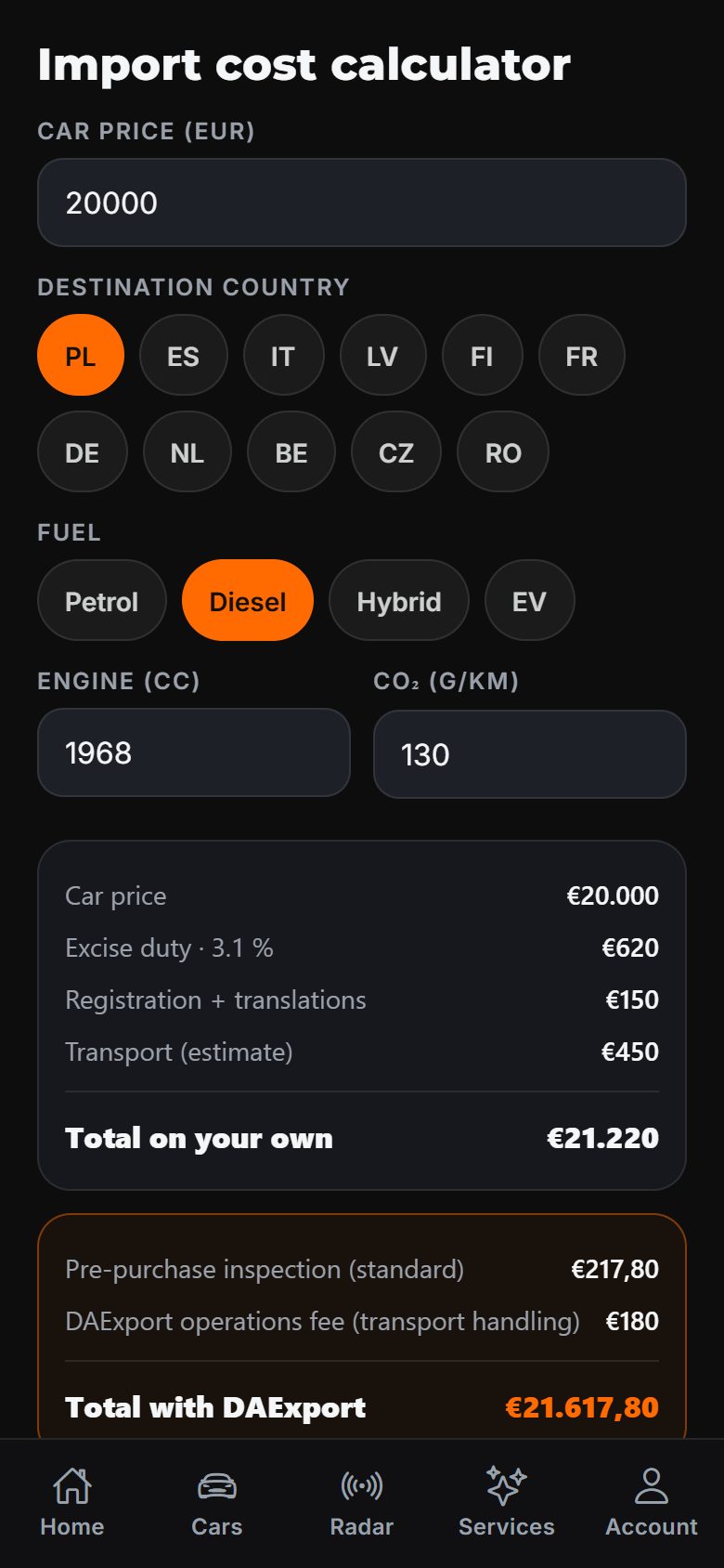 Import cost calculator in the DAExport app — car price, destination country, fuel, engine size and CO2, with excise duty, registration, transport and the total landed cost