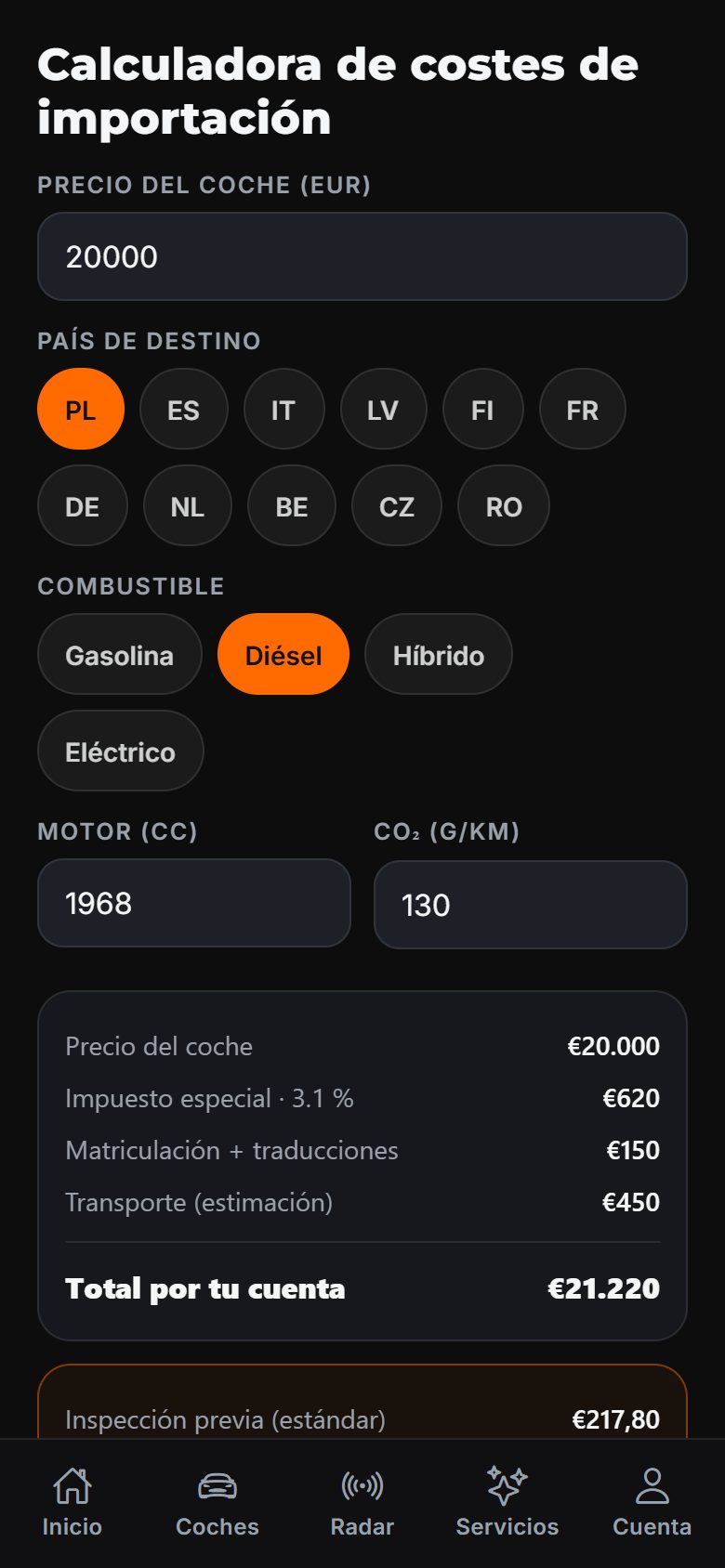 Calculadora de coste de importación en la app DAExport: precio del coche, país de destino, combustible, cilindrada y CO2, con impuesto, matriculación, transporte y total