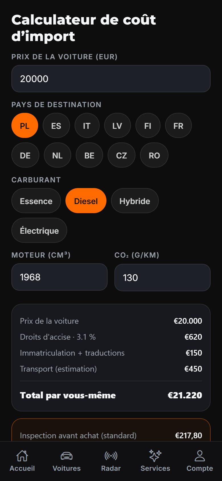 Calculateur de coût d’import de l’application DAExport — prix de la voiture, pays de destination, carburant, cylindrée et CO2, avec accise, immatriculation, transport et total