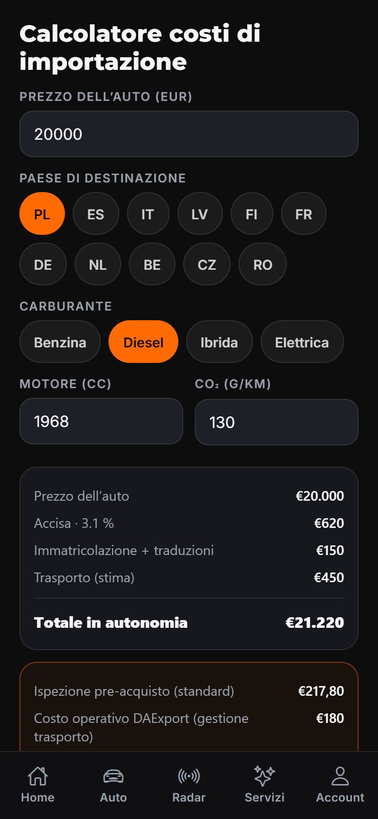 Calcolatore dei costi di importazione nell’app DAExport: prezzo dell’auto, paese di destinazione, alimentazione, cilindrata e CO2, con accisa, trasporto e il totale in autonomia