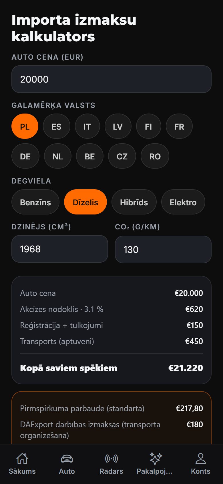 DAExport lietotnes importa izmaksu kalkulators — auto cena, galamērķa valsts, degviela, dzinēja tilpums un CO2, akcīzes nodoklis, transports un kopsumma