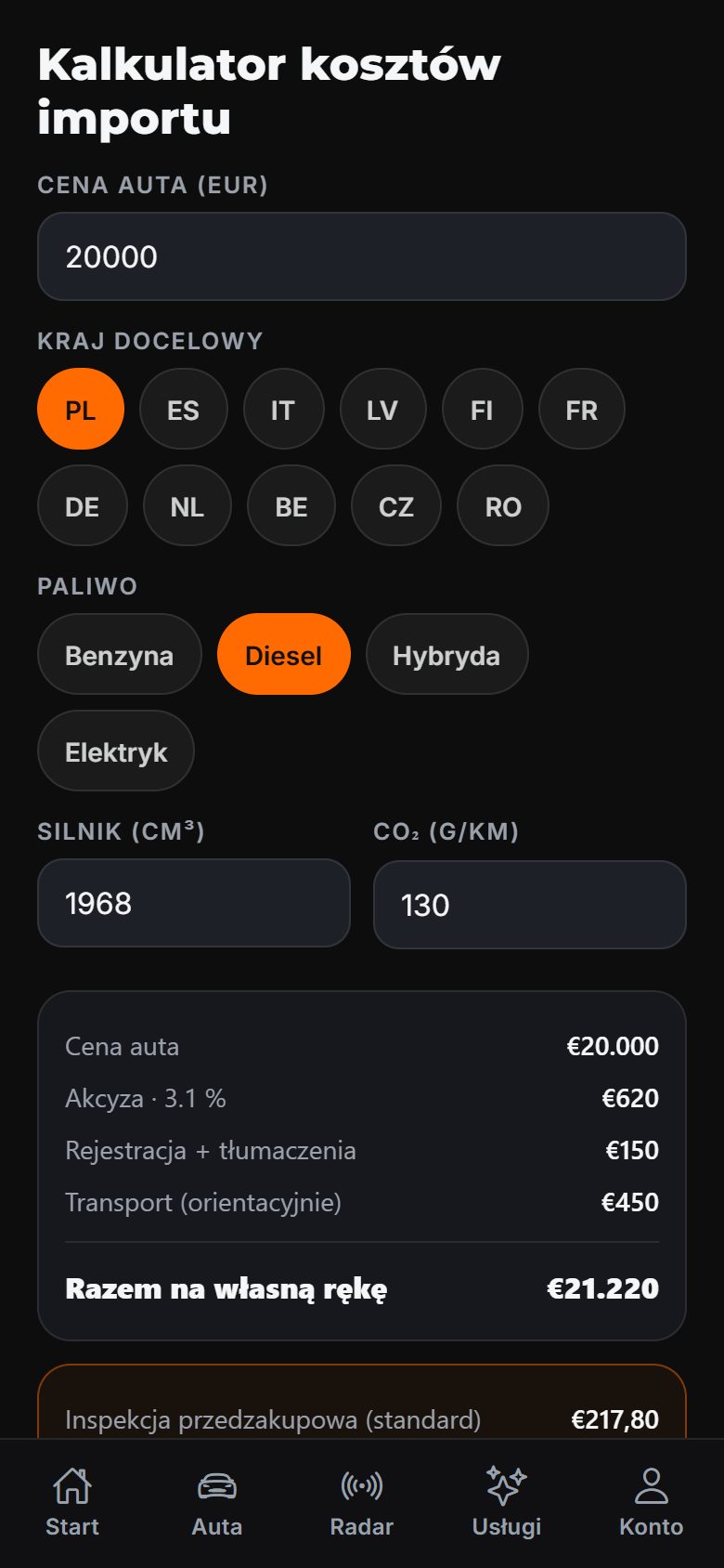Kalkulator kosztów importu w aplikacji DAExport — cena auta, kraj docelowy, paliwo, pojemność silnika i CO2 oraz akcyza, rejestracja i transport w podsumowaniu