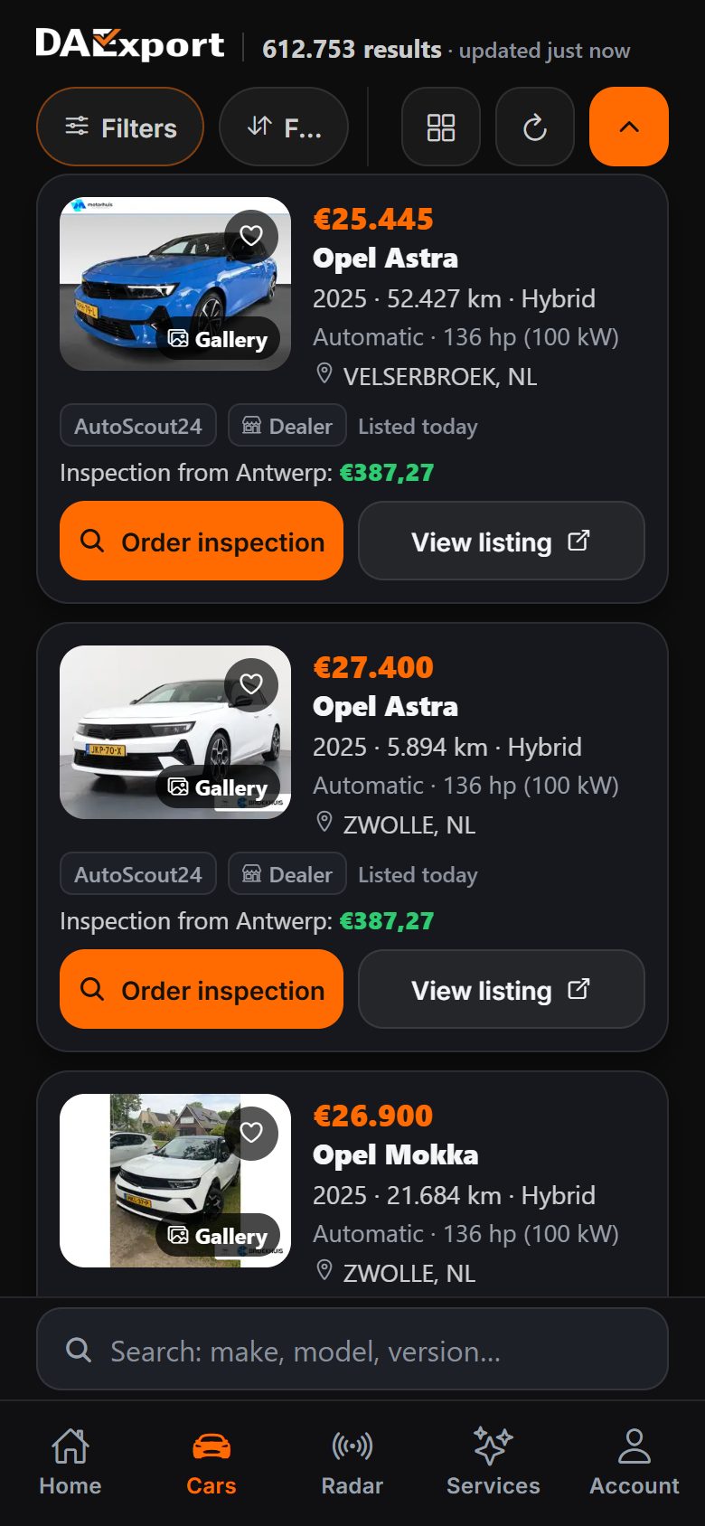 DAExport app listings screen — used cars from the Netherlands with price, year, mileage, power, dealer badge and the inspection quote from Antwerp under every car