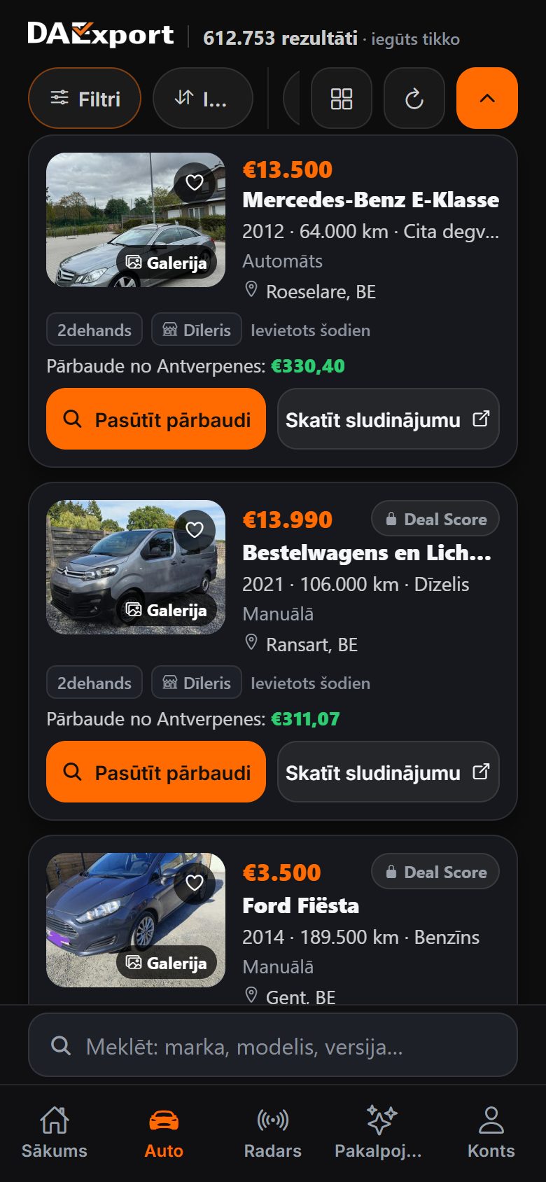 DAExport lietotnes auto saraksts — lietoti auto no Beļģijas ar cenu, gadu, nobraukumu, degvielu un pārbaudes cenu no Antverpenes zem katra sludinājuma