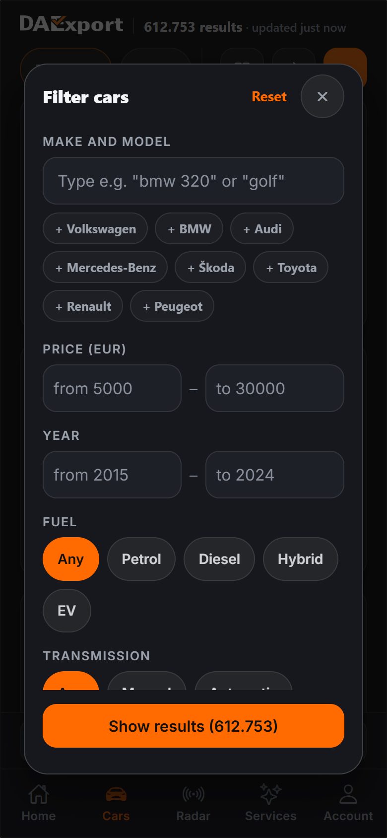 Filter panel in the DAExport app — make and model, price range, year range, fuel and transmission, with a button showing the number of matching used cars