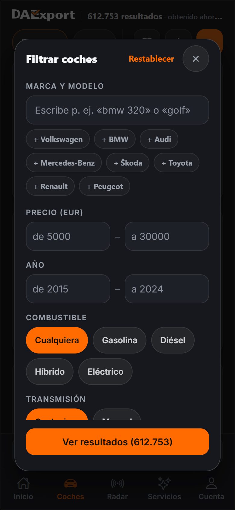 Panel de filtros de la app DAExport: marca, modelo, precio, año, combustible y cambio para acotar coches de ocasión de Bélgica, Países Bajos y Alemania