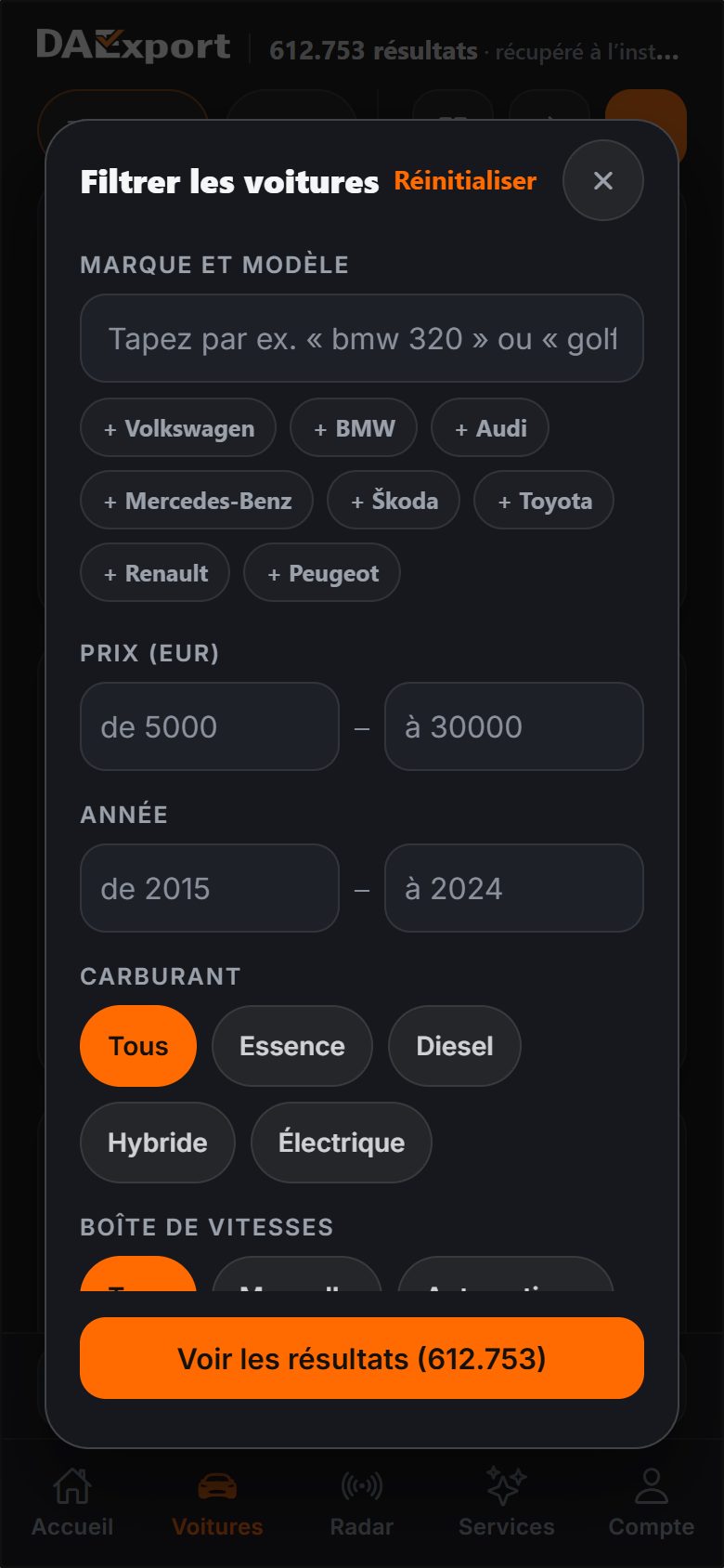 Panneau de filtres de l’application DAExport — marque et modèle, fourchette de prix et d’années, carburant, boîte de vitesses, bouton comptant les voitures d’occasion correspondantes