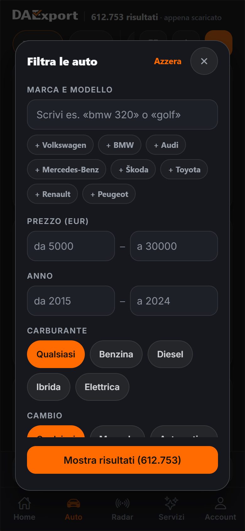 Pannello dei filtri nell’app DAExport: marca e modello, fascia di prezzo, anno, alimentazione e cambio, con il numero di auto usate corrispondenti sul pulsante