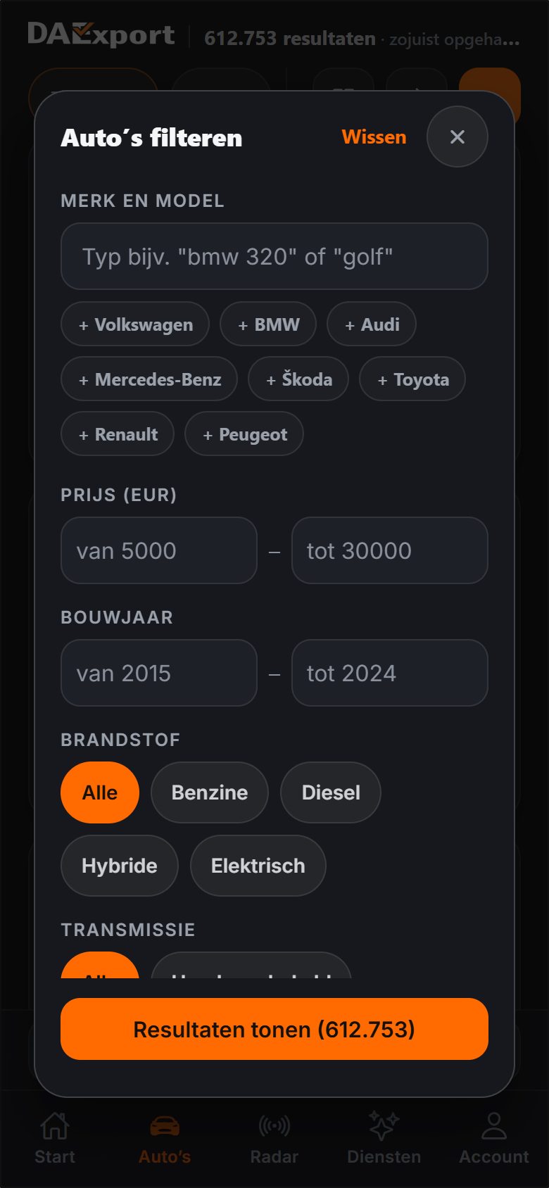 Filterscherm van de DAExport-app met merk en model, prijsbereik, bouwjaar, brandstof en transmissie, en een knop met het aantal passende tweedehands auto’s