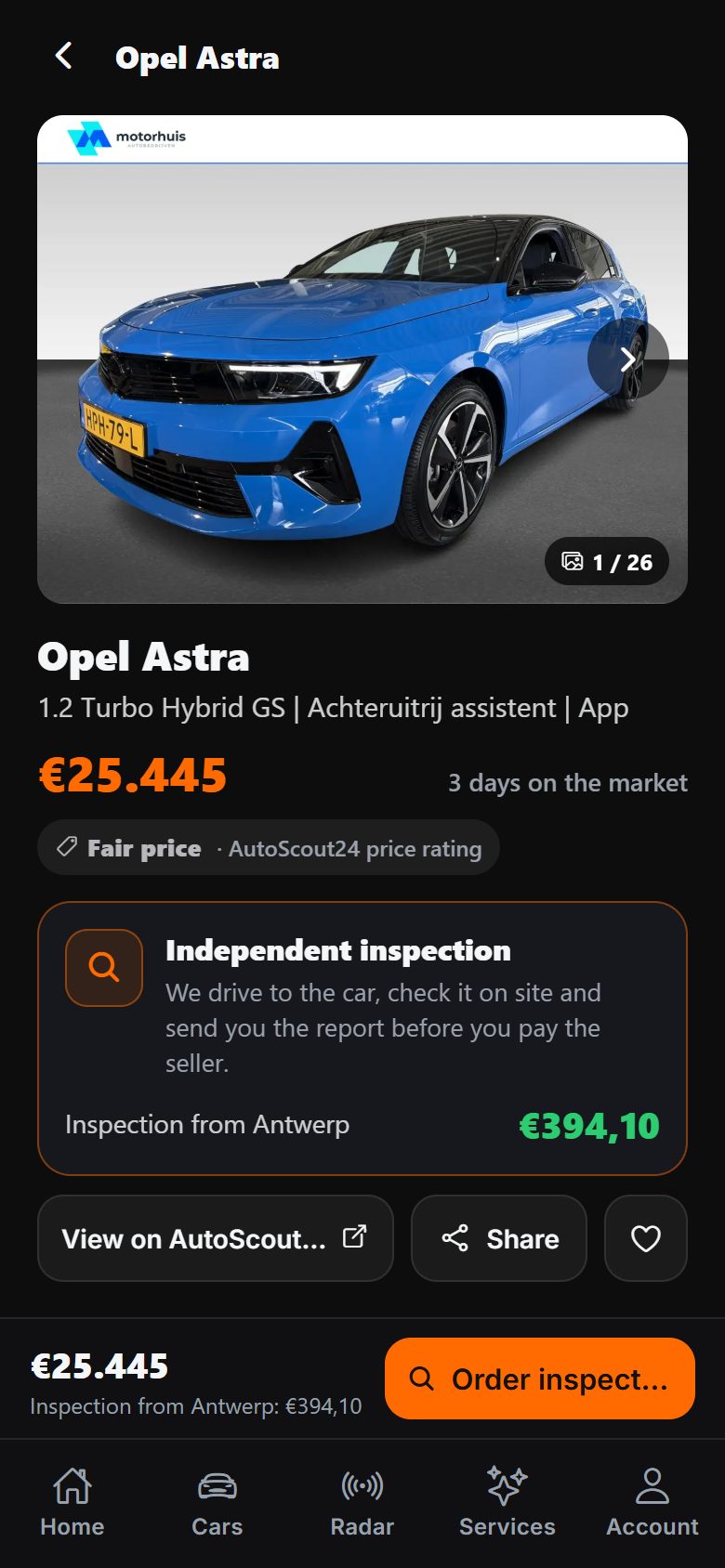 Car listing in the DAExport app — photo gallery, price, days on the market, price rating and an independent pre-purchase inspection quote from Antwerp