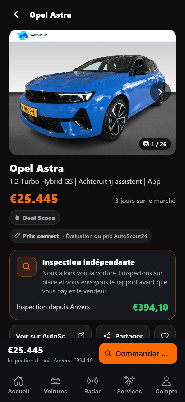 Fiche d’annonce dans l’application DAExport — galerie photo, prix, âge de l’annonce, évaluation du prix par AutoScout24 et devis d’expertise indépendante avant achat depuis Anvers
