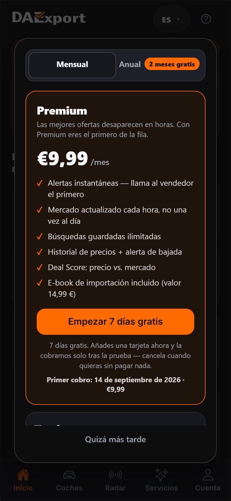 Plan Premium en la app DAExport: 9,99 € al mes con alertas instantáneas, historial de precio, Deal Score y siete días de prueba gratis