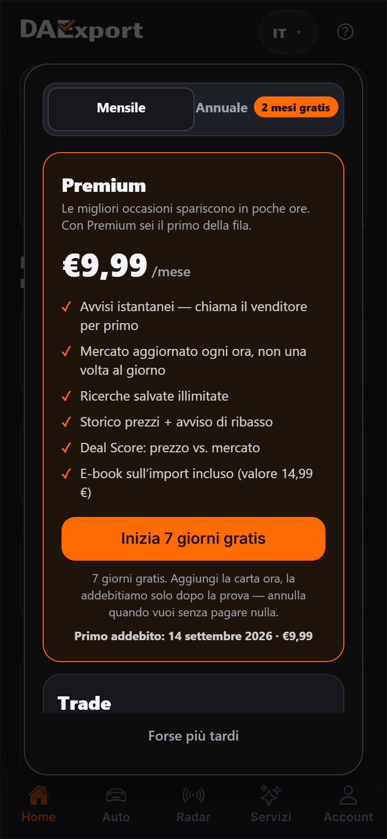 Piano Premium nell’app DAExport: 9,99 € al mese, avvisi immediati e storico prezzi, con sette giorni di prova e la data del primo addebito