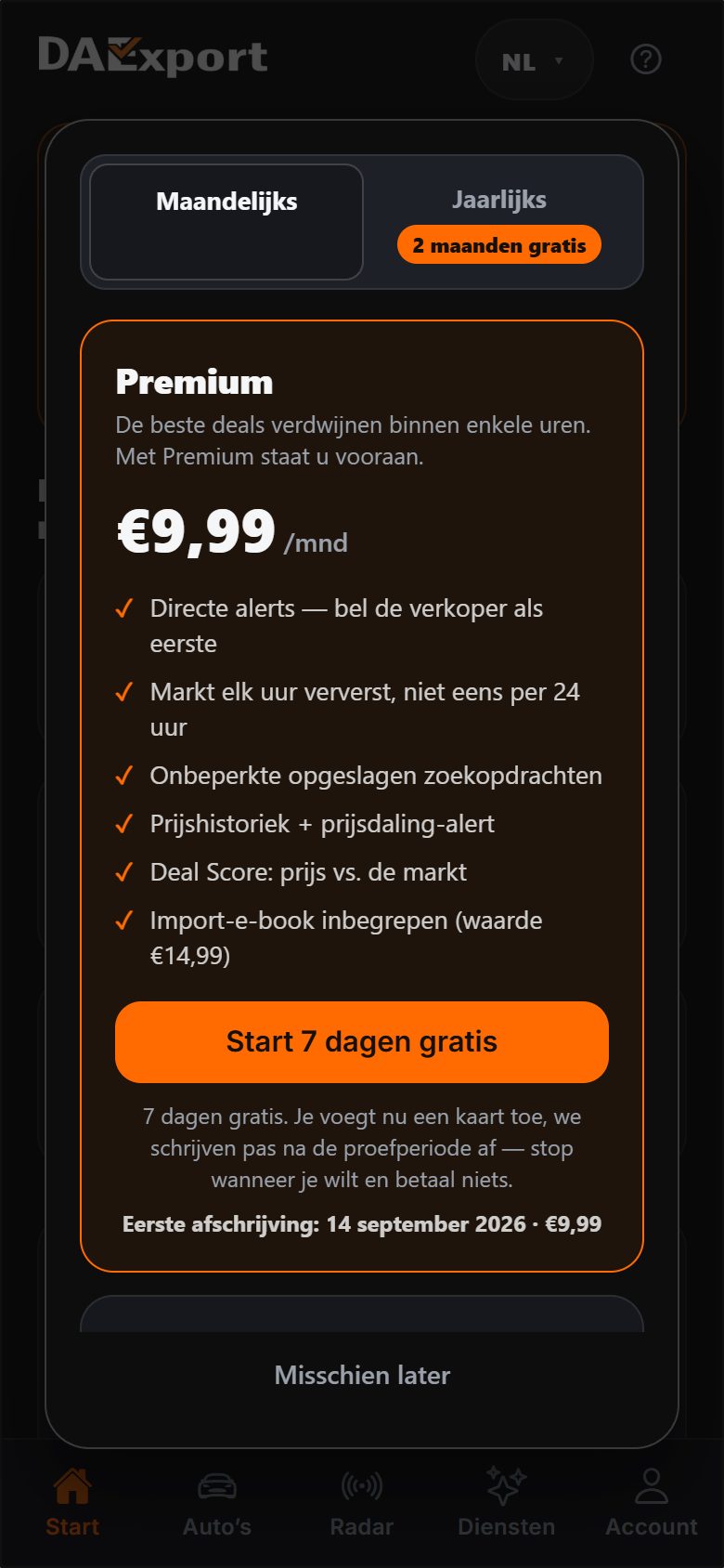 Abonnementsscherm in de DAExport-app met Premium voor €9,99 per maand, directe alerts, prijshistorie en Deal Score, plus zeven dagen gratis proberen