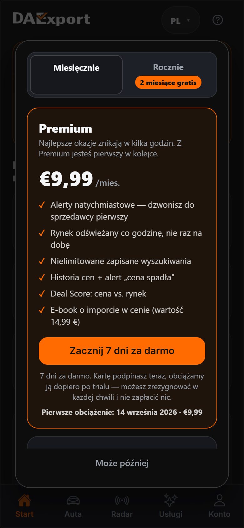 Ekran abonamentu Premium w aplikacji DAExport — 9,99 euro miesięcznie, alerty natychmiastowe, historia cen, deal score i siedem dni za darmo
