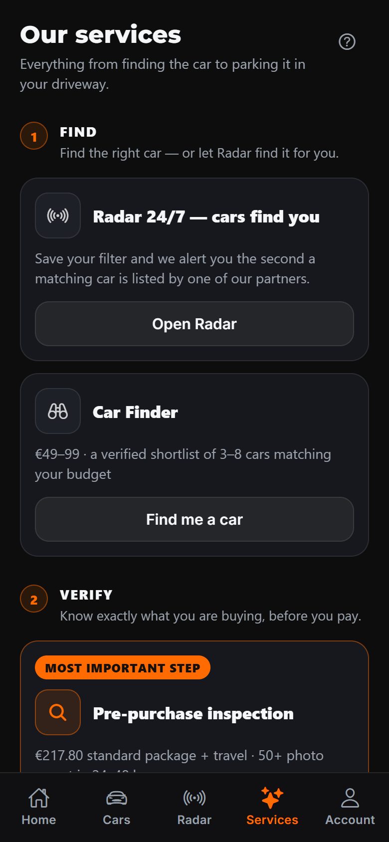 Services screen in the DAExport app — Radar 24/7 alerts, Car Finder shortlist and the pre-purchase inspection with its price, arranged as steps
