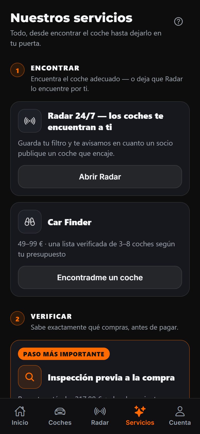Pantalla de servicios de la app DAExport: alertas Radar 24/7, lista Car Finder desde 49 € e inspección precompra, ordenadas como pasos