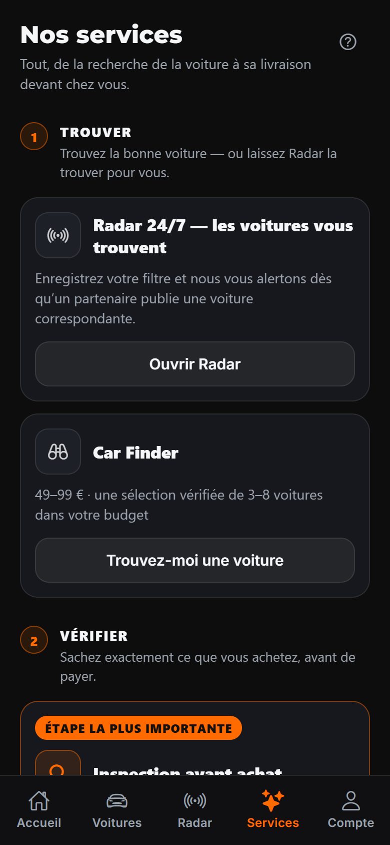 Écran Services de l’application DAExport — cartes Radar 24h/24 et Car Finder sous l’étape « trouver », expertise avant achat sous l’étape « vérifier »
