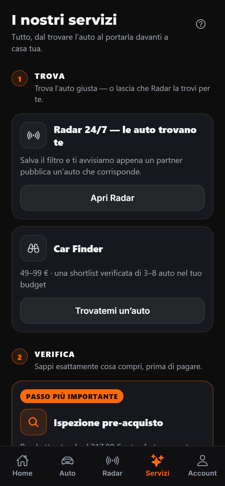 Schermata Servizi dell’app DAExport: Radar 24/7, Car Finder con una selezione di annunci e perizia pre-acquisto, in ordine come passi da seguire