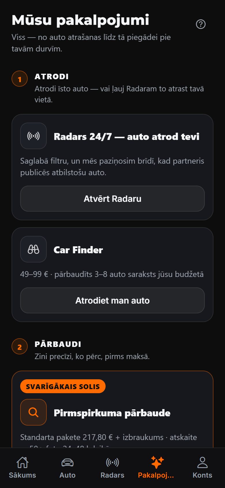 DAExport lietotnes pakalpojumu ekrāns — Radara brīdinājumi 24/7, Car Finder auto saraksts un pirmspirkuma pārbaude ar cenu, sakārtoti pa soļiem
