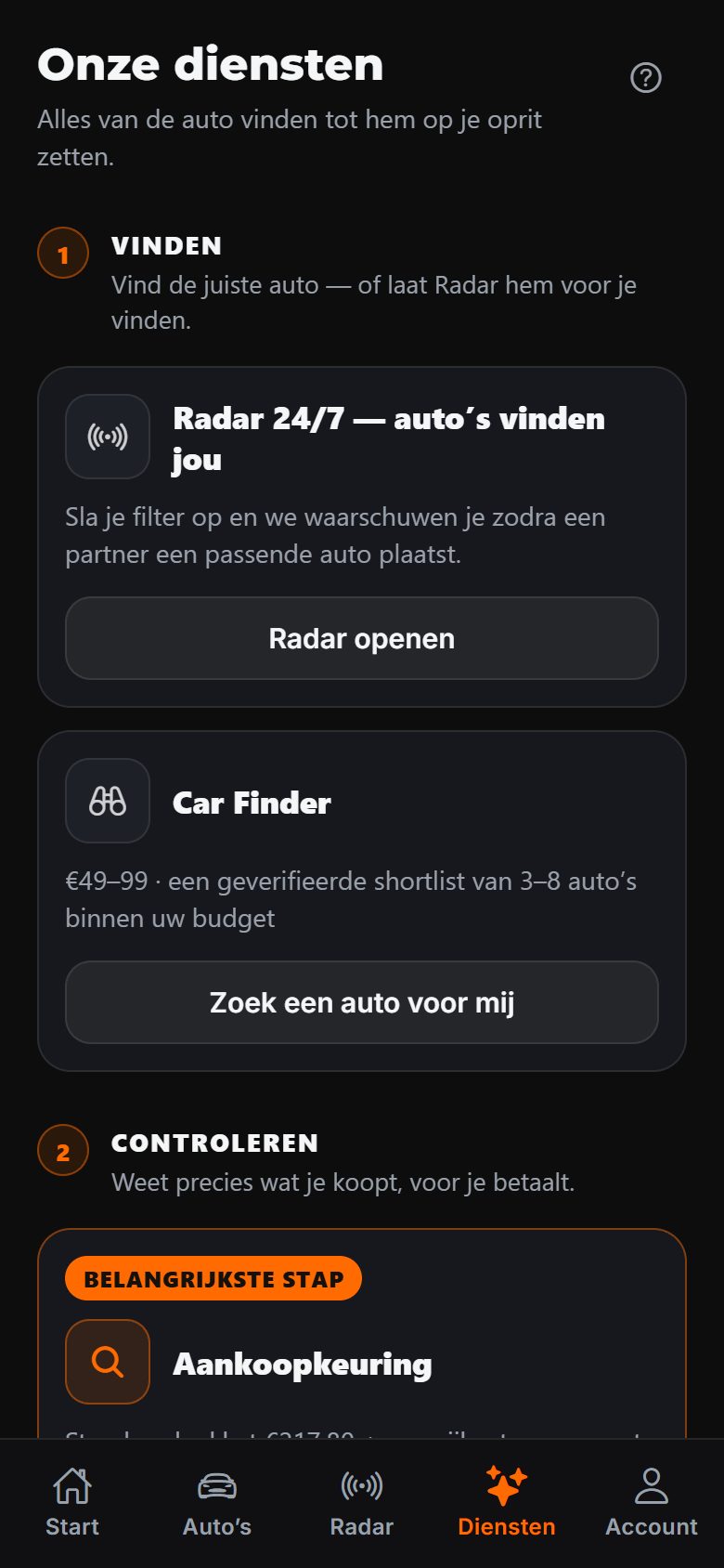 Dienstenscherm in de DAExport-app met Radar 24/7-alerts, Car Finder-shortlist en de aankoopkeuring als belangrijkste stap, ingedeeld in twee stappen: vinden en controleren