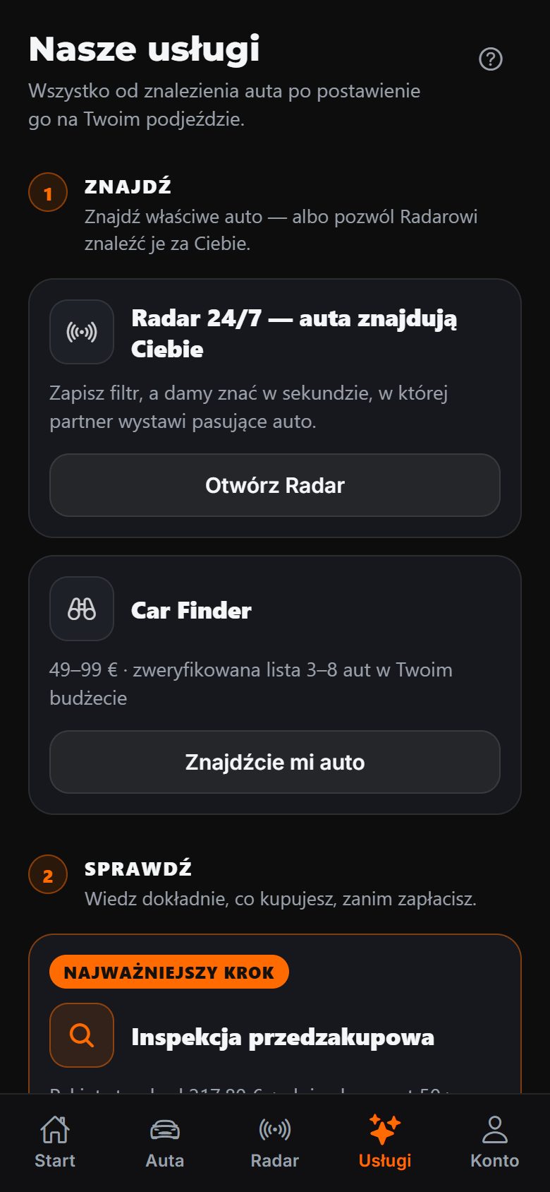 Ekran usług w aplikacji DAExport — alerty Radaru 24/7, lista aut z Car Findera i inspekcja przedzakupowa ułożone w kolejne kroki zakupu